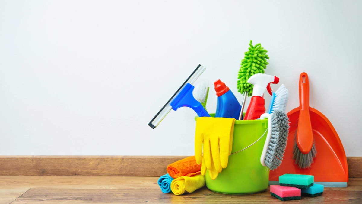 bucket of cleaning supplies